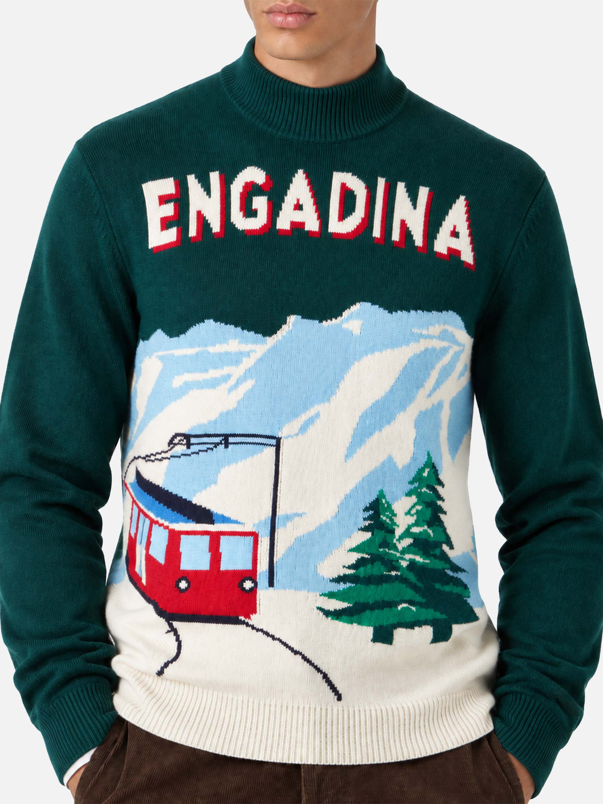 Green Davos half turtleneck sweater with Engadina postcard