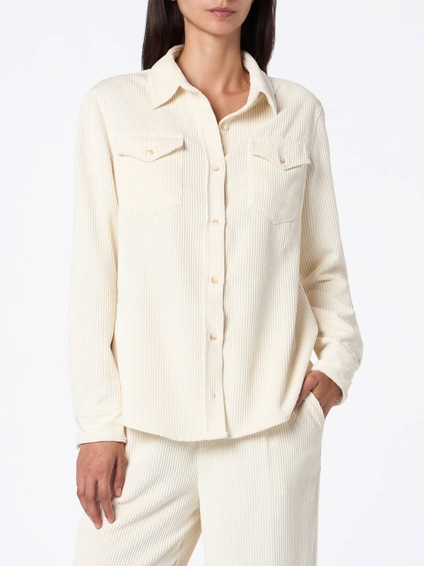 Woman beige corduroy-like shirt Deer