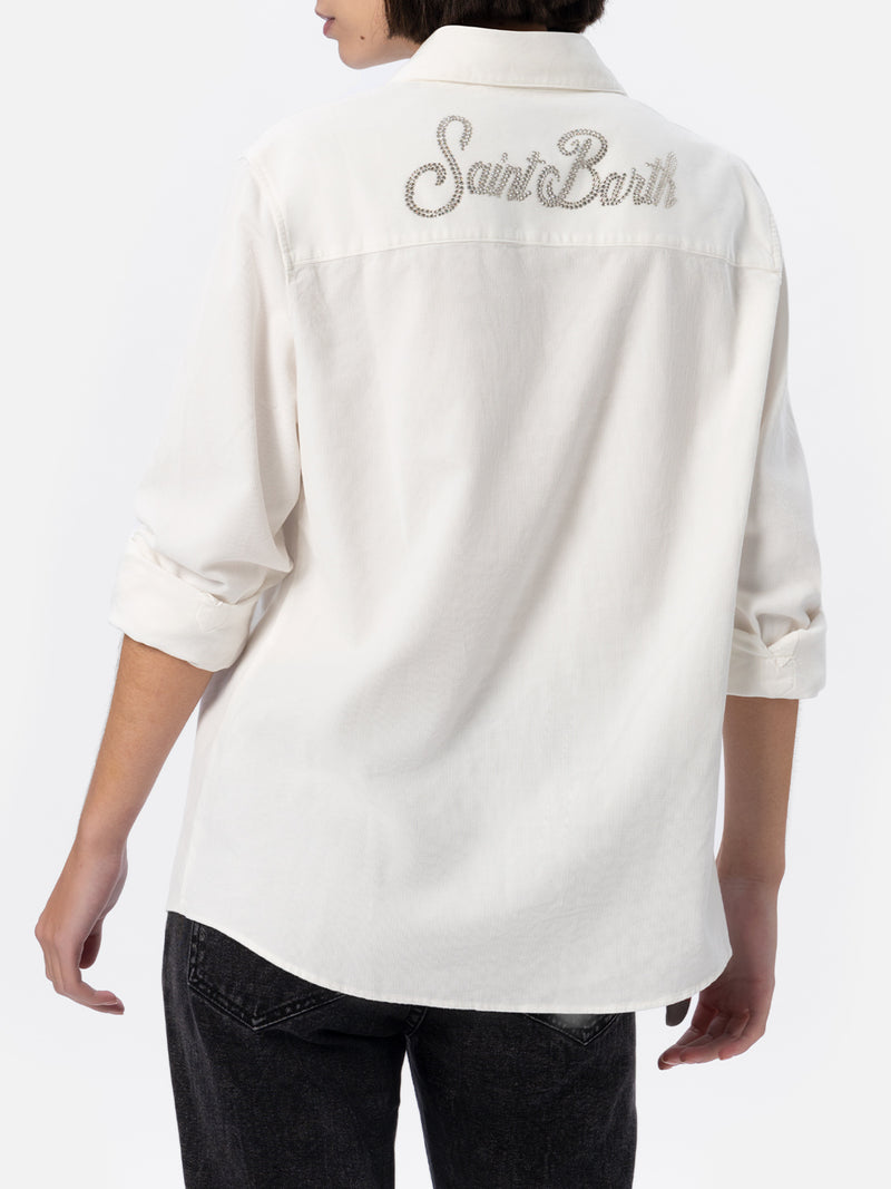 Woman off-white corduroy-like shirt Deer with St. Barth rhinestones logo