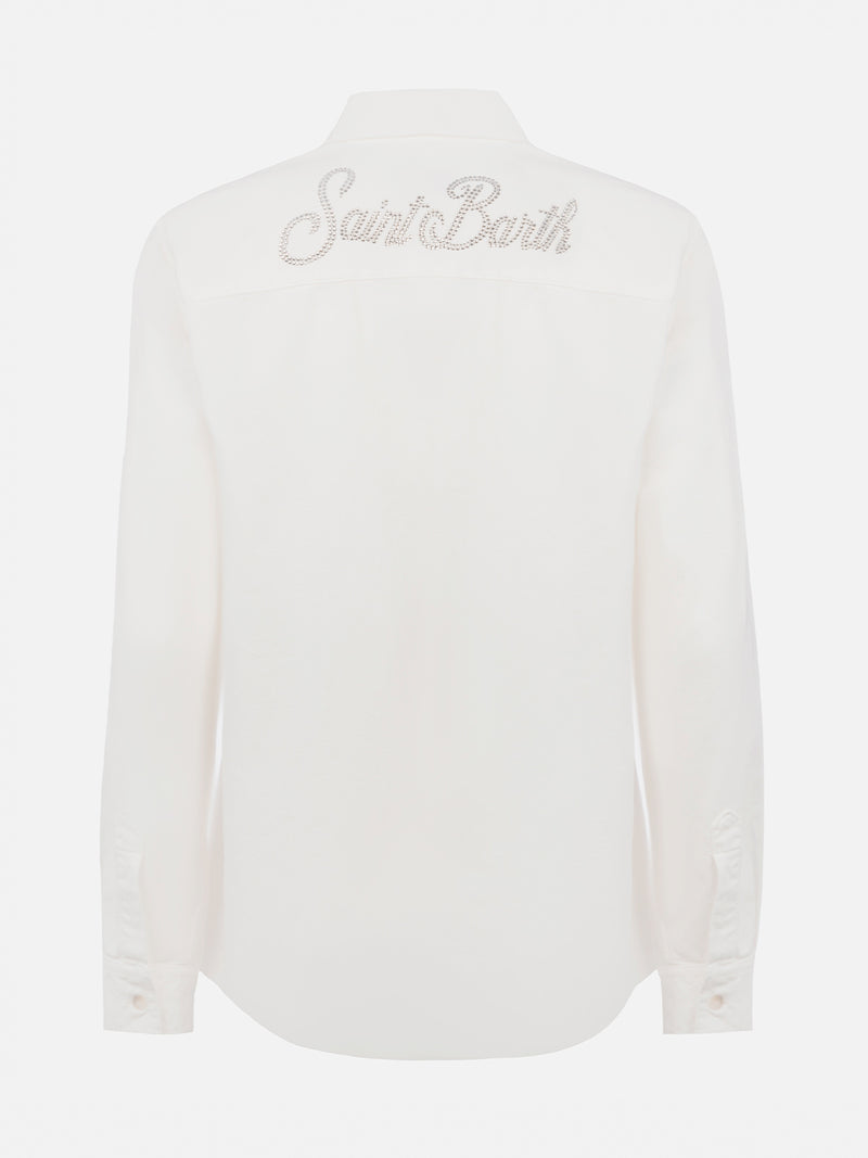 Woman off-white corduroy-like shirt Deer with St. Barth rhinestones logo