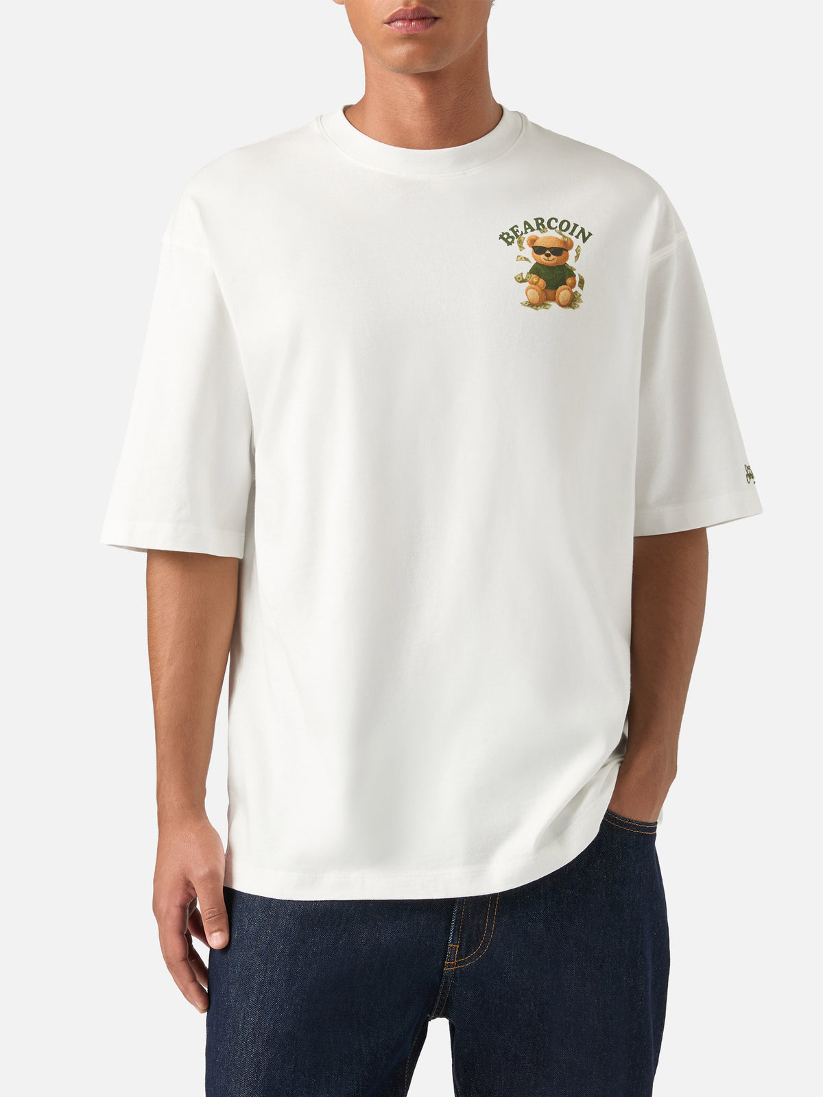 Weißes Oversize-T-Shirt aus Baumwolle Delmar mit Bearcoin-Print auf der Rückseite 