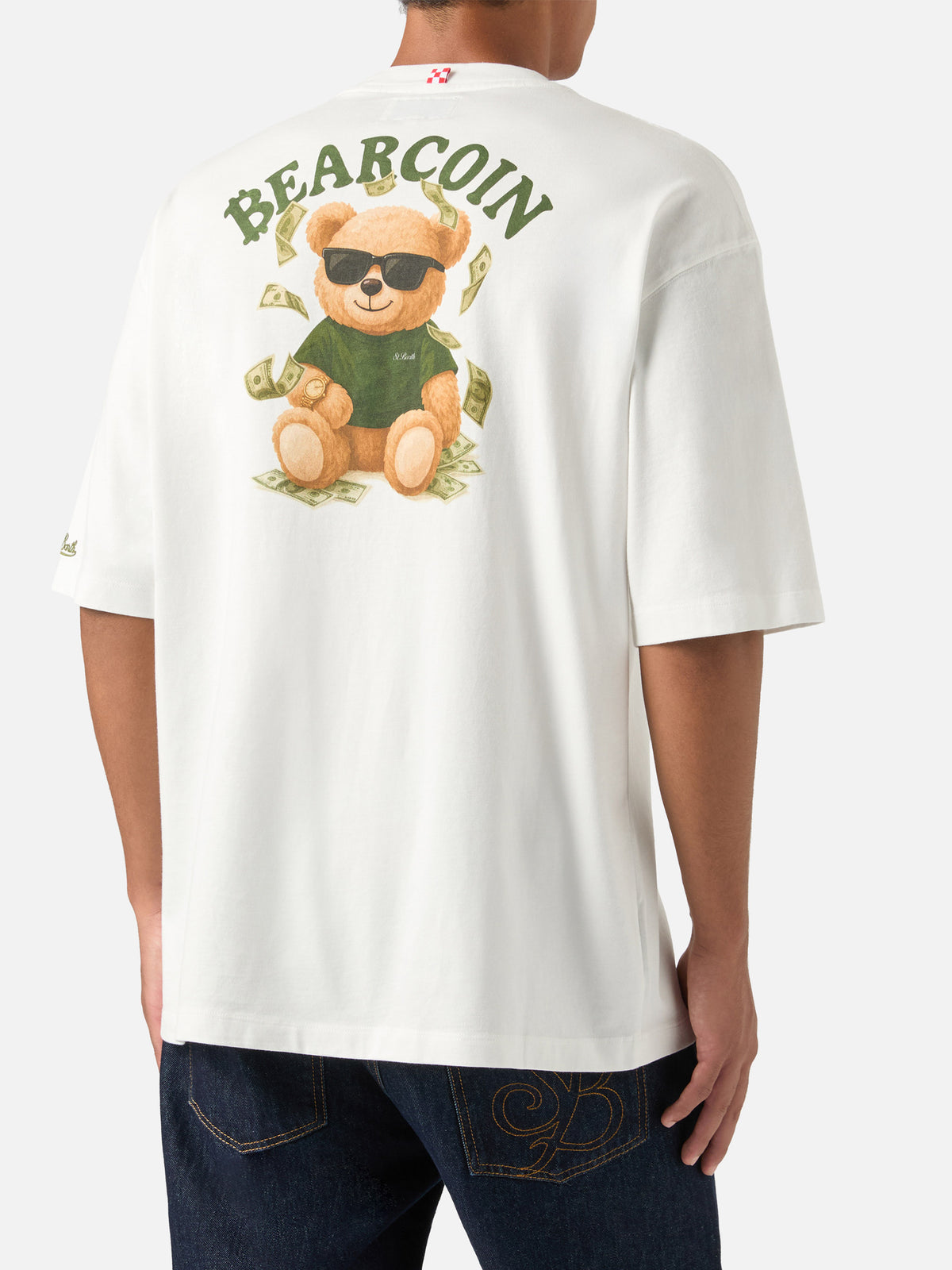 Weißes Oversize-T-Shirt aus Baumwolle Delmar mit Bearcoin-Print auf der Rückseite 