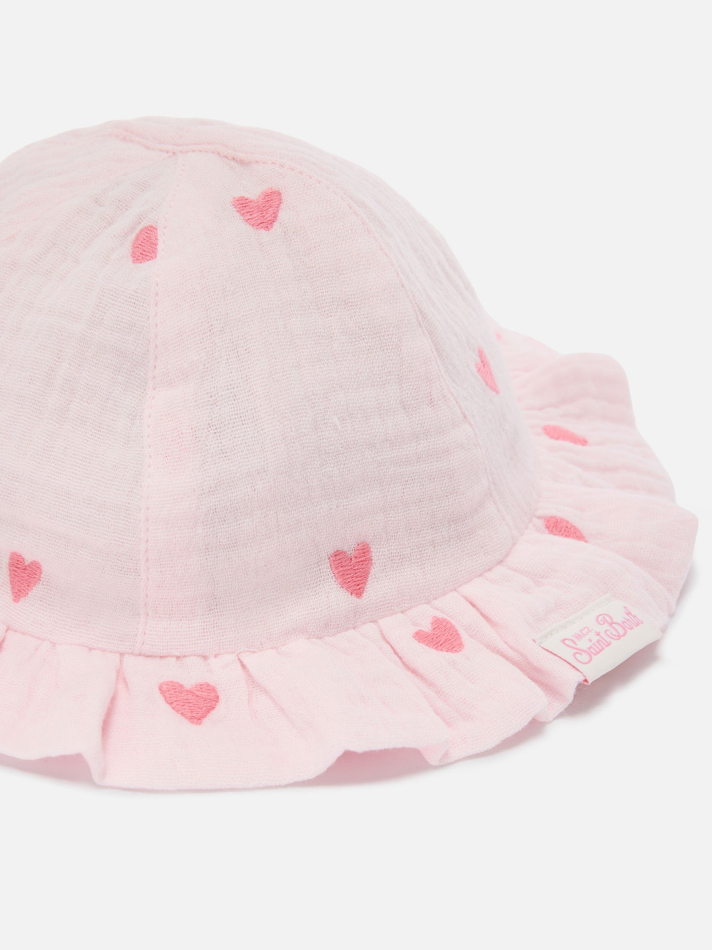 Pink Doremi sun hat with muslin heart embroidery