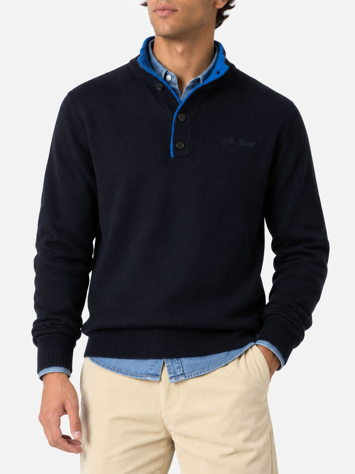 Navy blue Dorian polo collar sweater with horn buttons