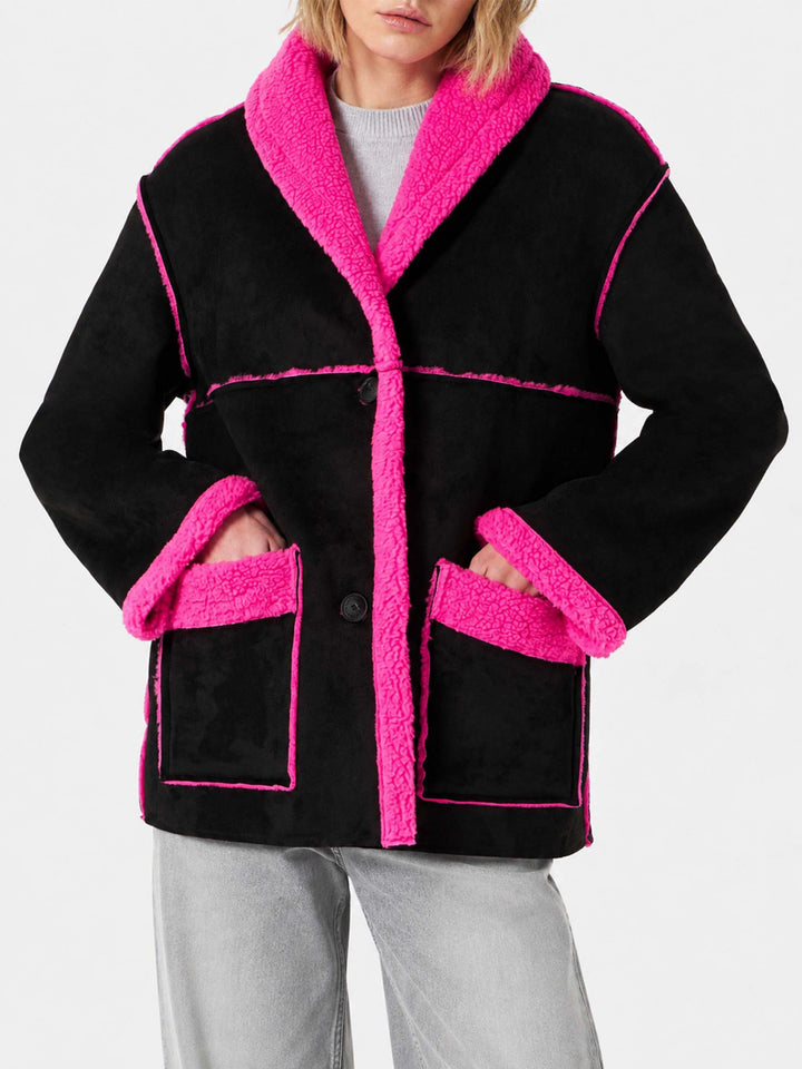 Schwarzer und fluo-pinker wendbarer Dorys Shearling-Mantel 