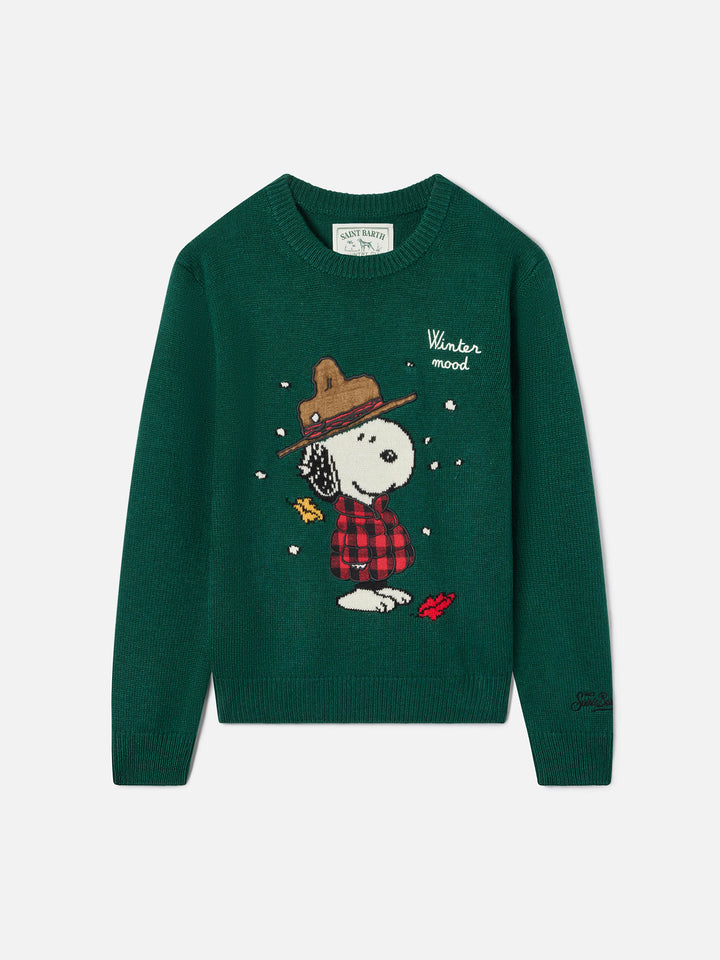 Grüner Douglas Rundhals-Strickpullover mit Snoopy-Patch und Winter Mood-Stickerei | Special edition 
