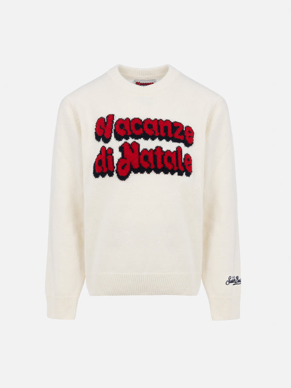 Weißer Jungenpullover Douglas mit Rundhalsausschnitt und Jacquard-Logo aus dem Film „Vacanze di Natale“ | VACANZE DI NATALE SONDERAUSGABE