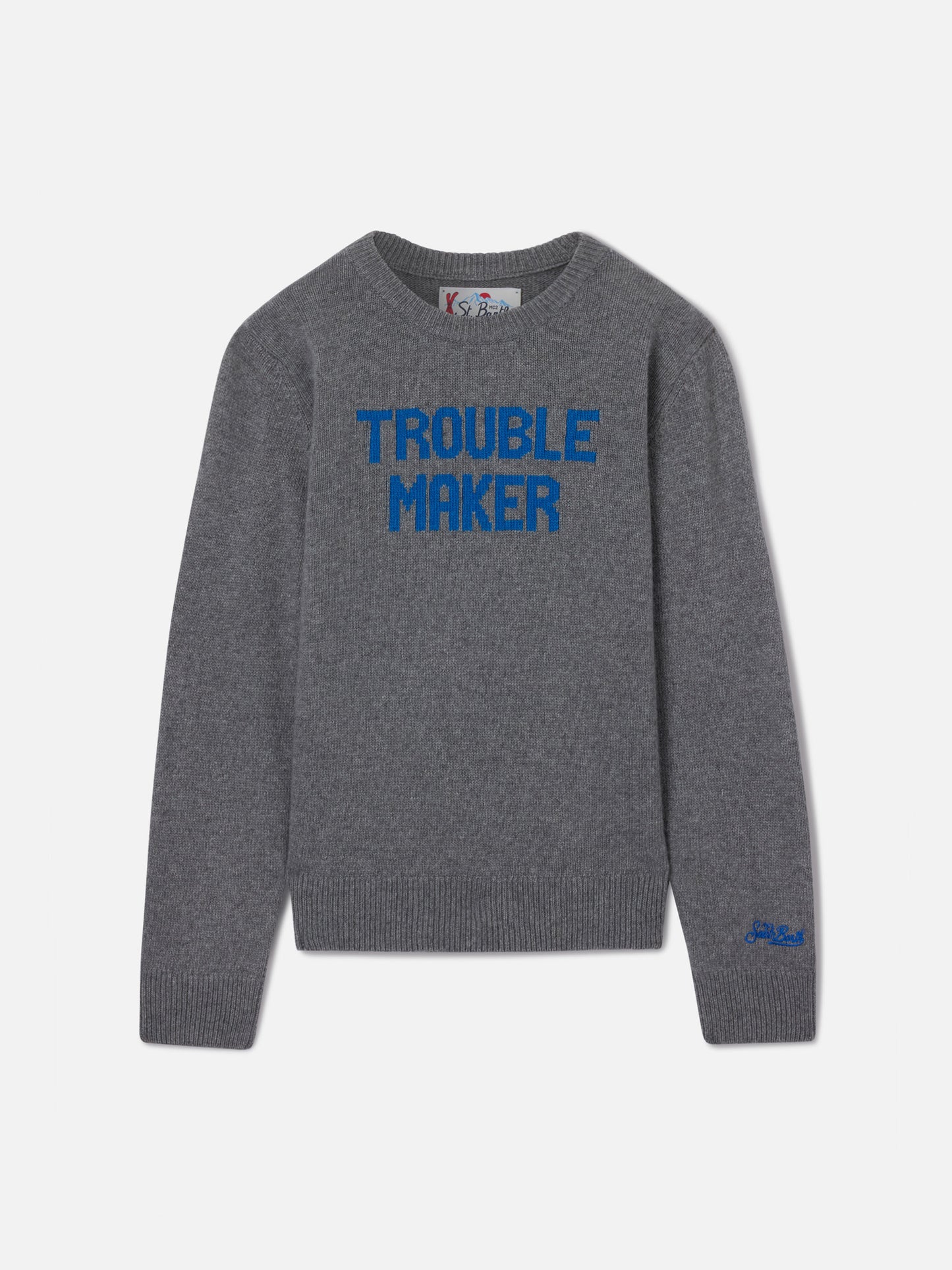 Prenda de punto con cuello redondo Douglas en gris con lettering Trouble Maker 