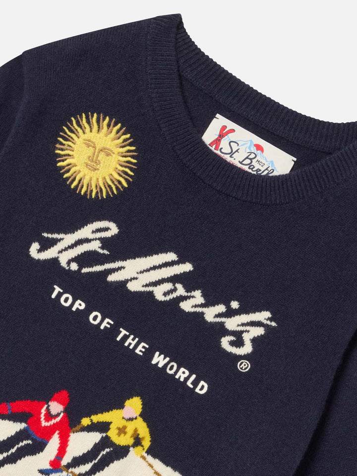 Marineblauer blue Douglas Strickpullover mit Rundhalsausschnitt mit St. Moritz Intarsie und Stickerei | Special edition 