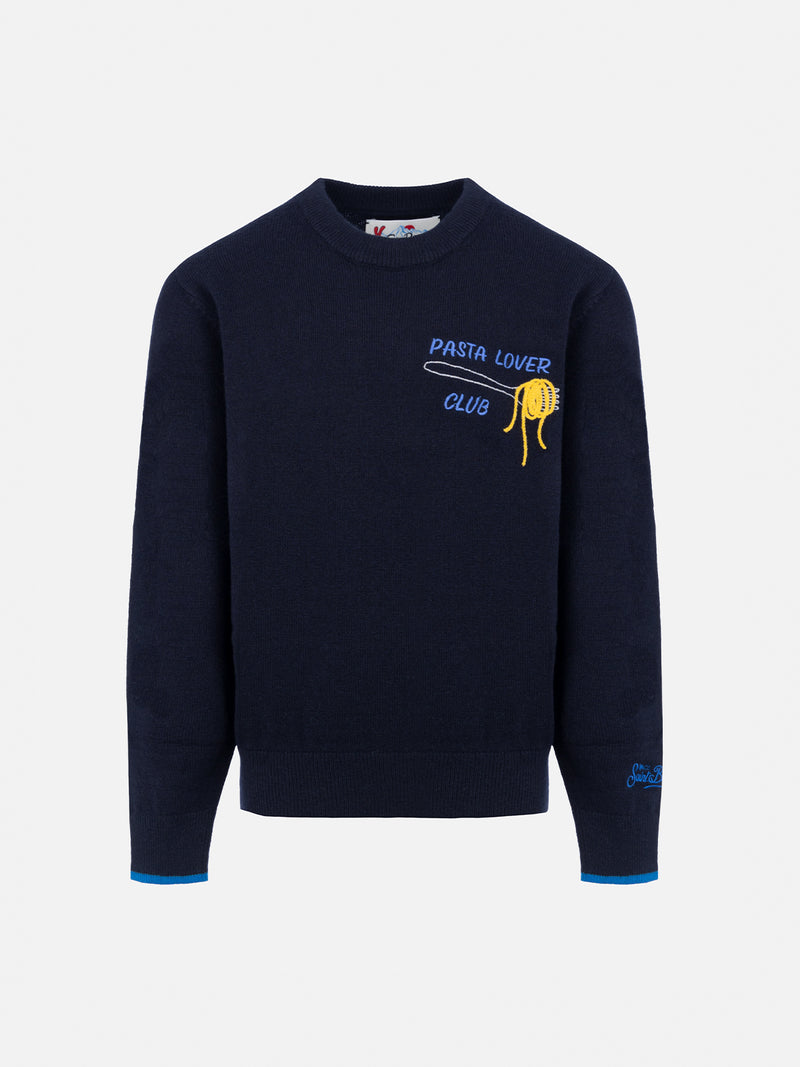 Boy blue crewneck sweater Douglas Light with Pasta lover embroidery