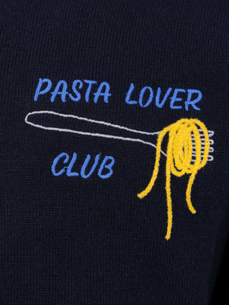 Boy blue crewneck sweater Douglas Light with Pasta lover embroidery