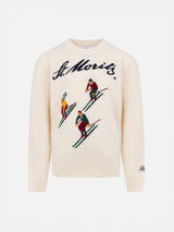 Boy white crewneck sweater Douglas with St. Moritz ski print | ST. MORITZ TOP OF THE WORLD SPECIAL EDITION