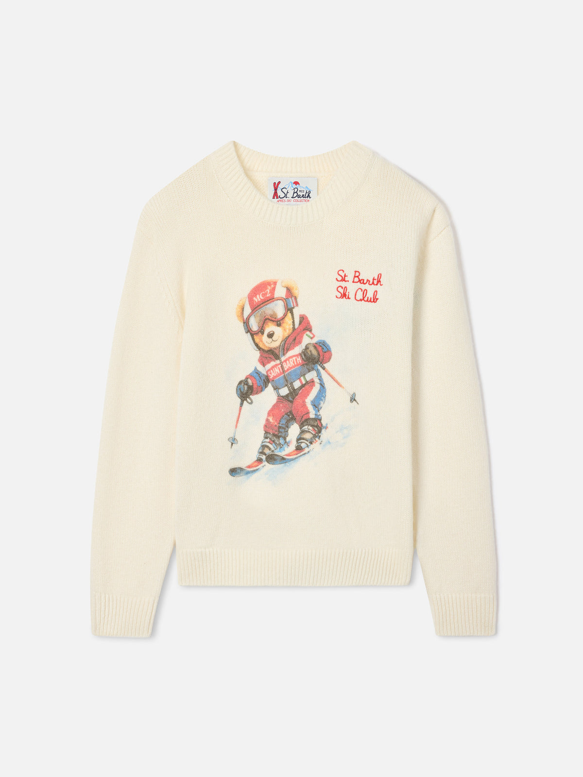 Cremefarbener Crewneck aus Woll- und Kaschmirmischung Douglas mit Teddybär-Intarsie und Stickerei 