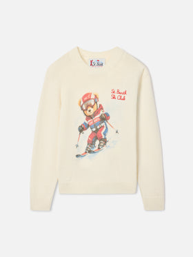 Cremefarbener Crewneck aus Woll- und Kaschmirmischung Douglas mit Teddybär-Intarsie und Stickerei 