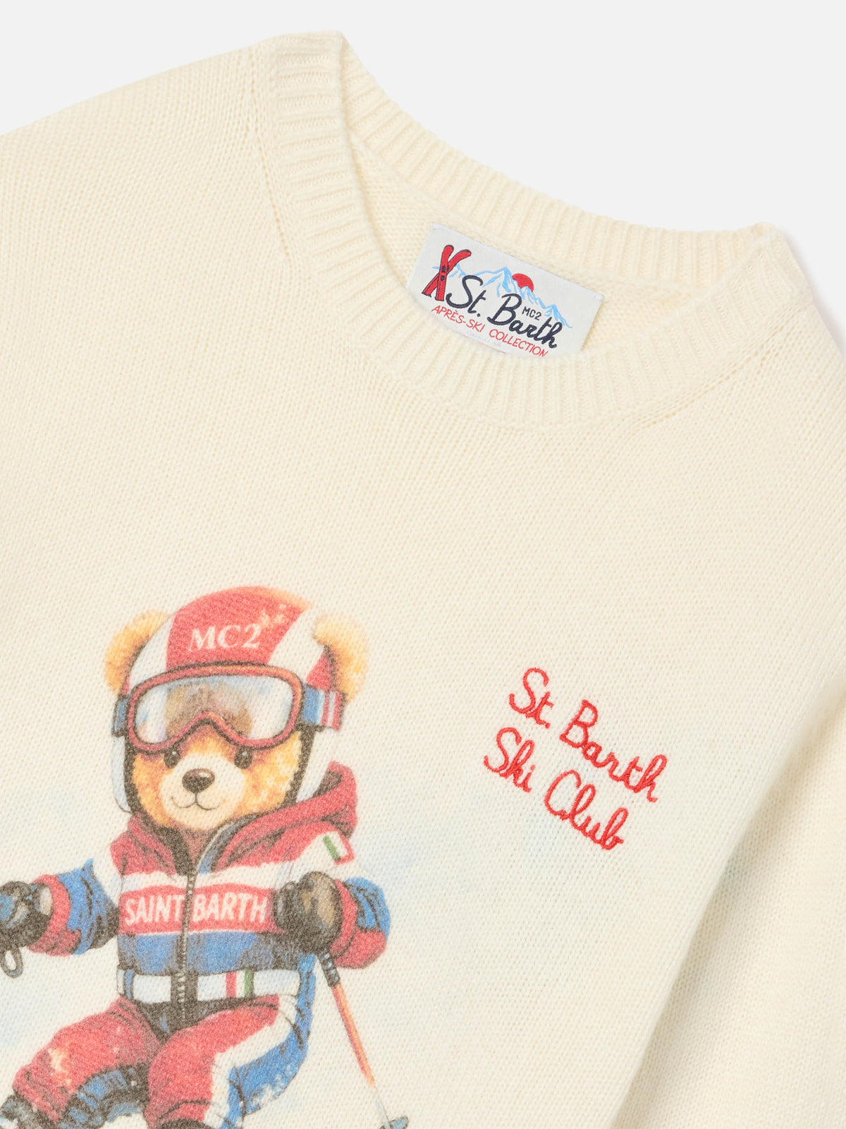 Cremefarbener Crewneck aus Woll- und Kaschmirmischung Douglas mit Teddybär-Intarsie und Stickerei 