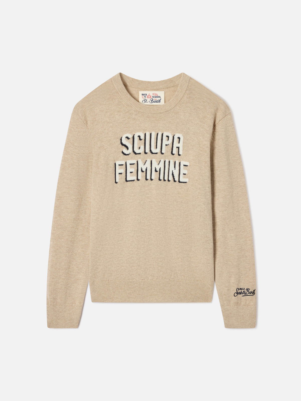 Maglia girocollo Douglas beige in misto cotone e lana vergine con intarsio Sciupa Femmine