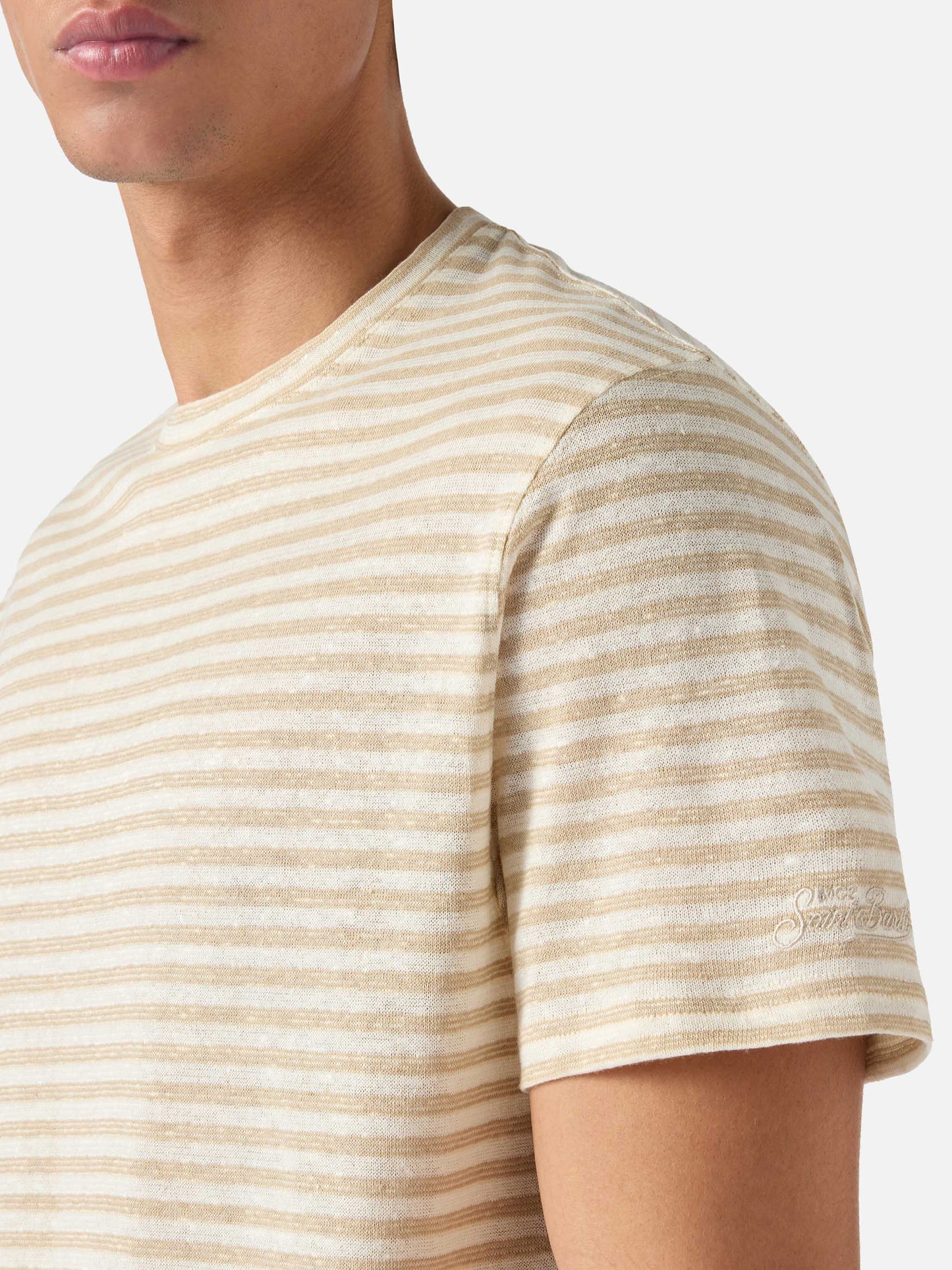 Beige striped Dover cotton t-shirt with logo embroidery