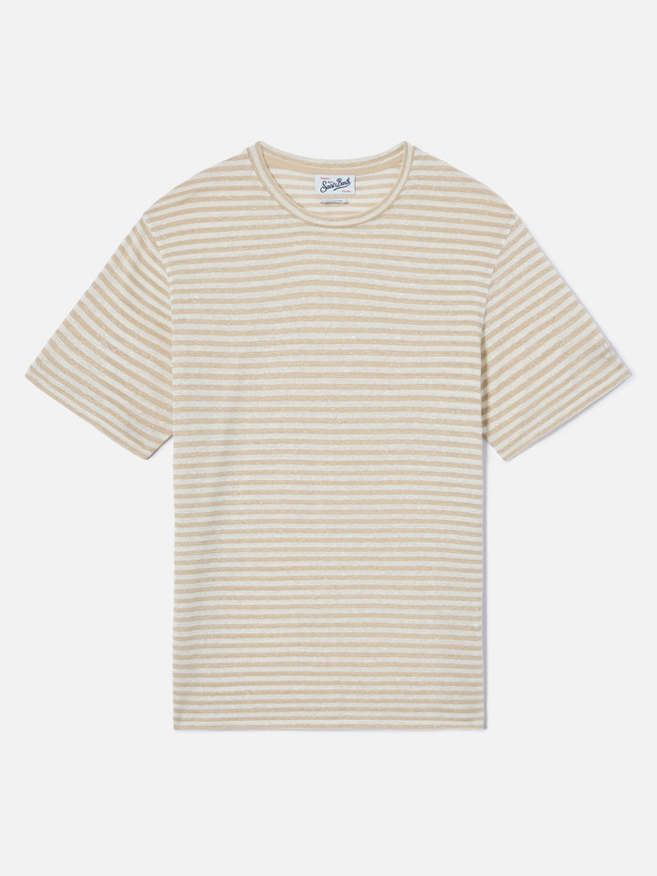 Beige striped Dover linen-blend t-shirt with logo embroidery