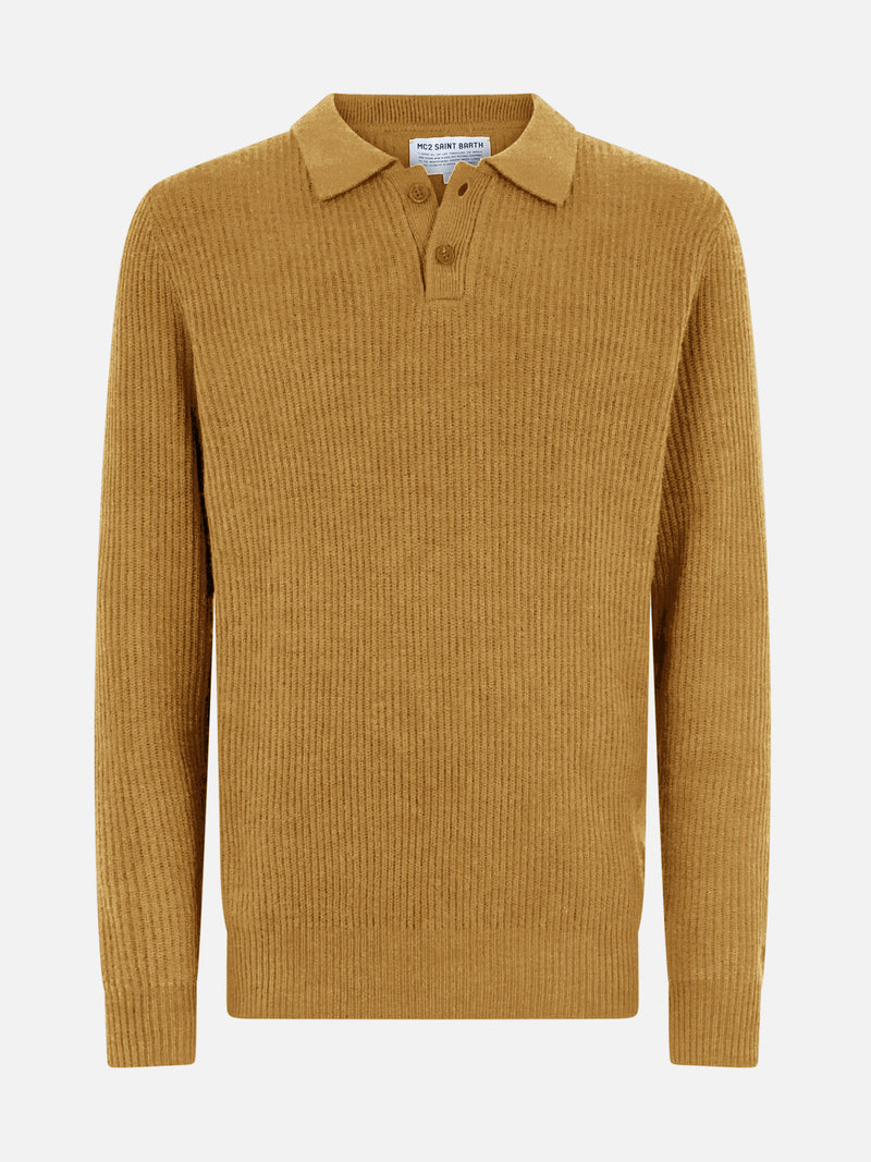 Maglione da uomo Downing in misto cashmere ocra a coste con collo polo