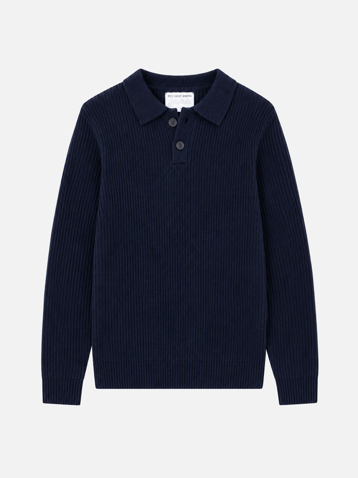 Pull bleu marine côtelé Downing en BLENDED CASHMERE avec col boutonné 