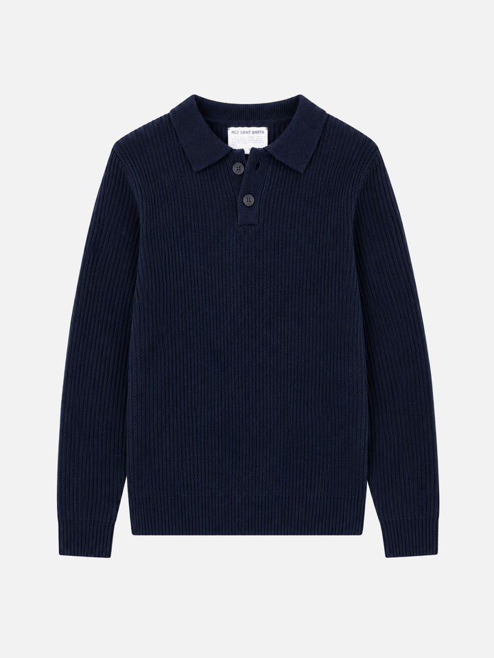Pull bleu marine côtelé Downing en BLENDED CASHMERE avec col boutonné 