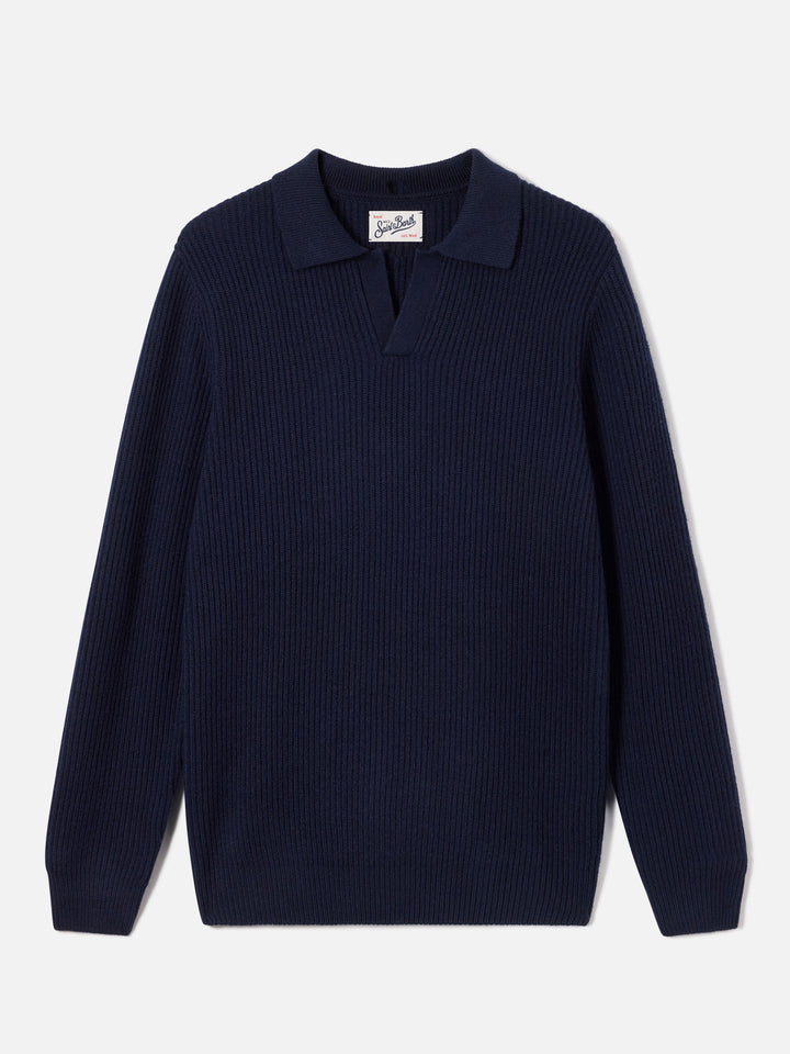 Polo en maille côtelée en laine Navy blue Downing 