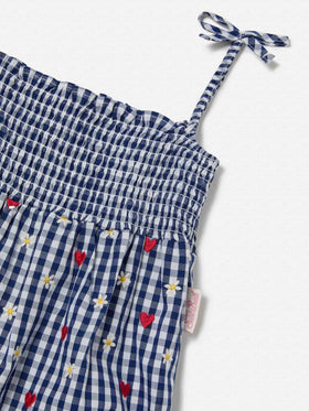 Dudu short romper in yarn dyed vichy with all over embroidery
