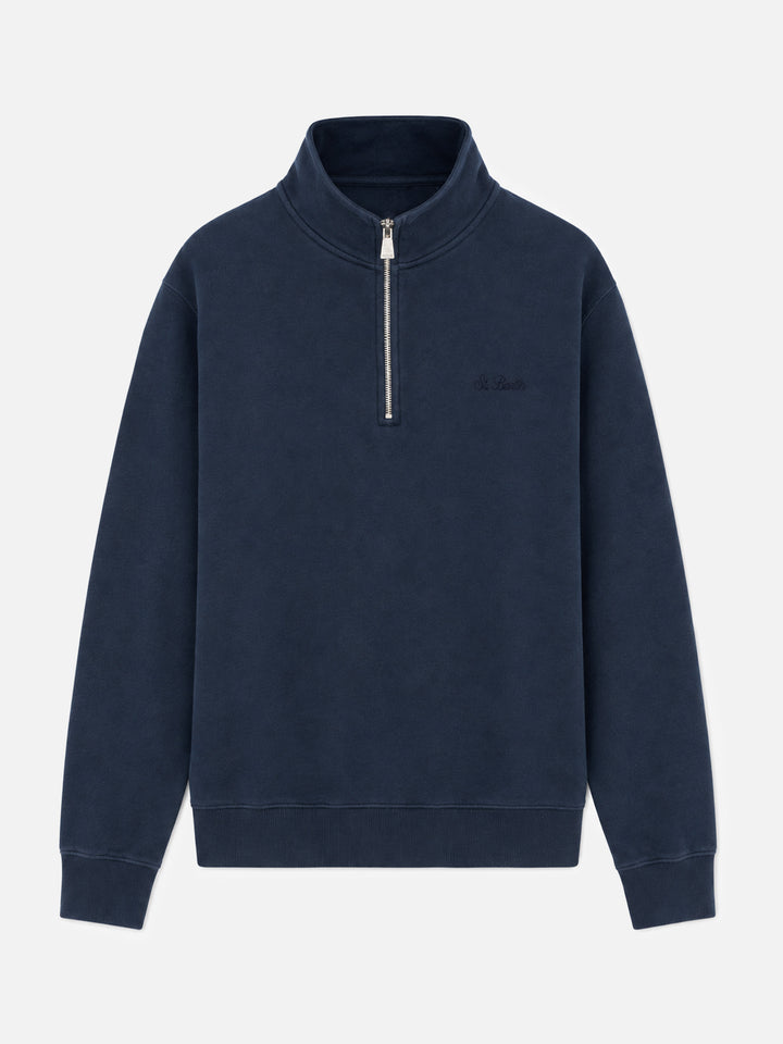 Sudadera de algodón Dunkan con media cremallera en color liso azul marino con bordado del logo 