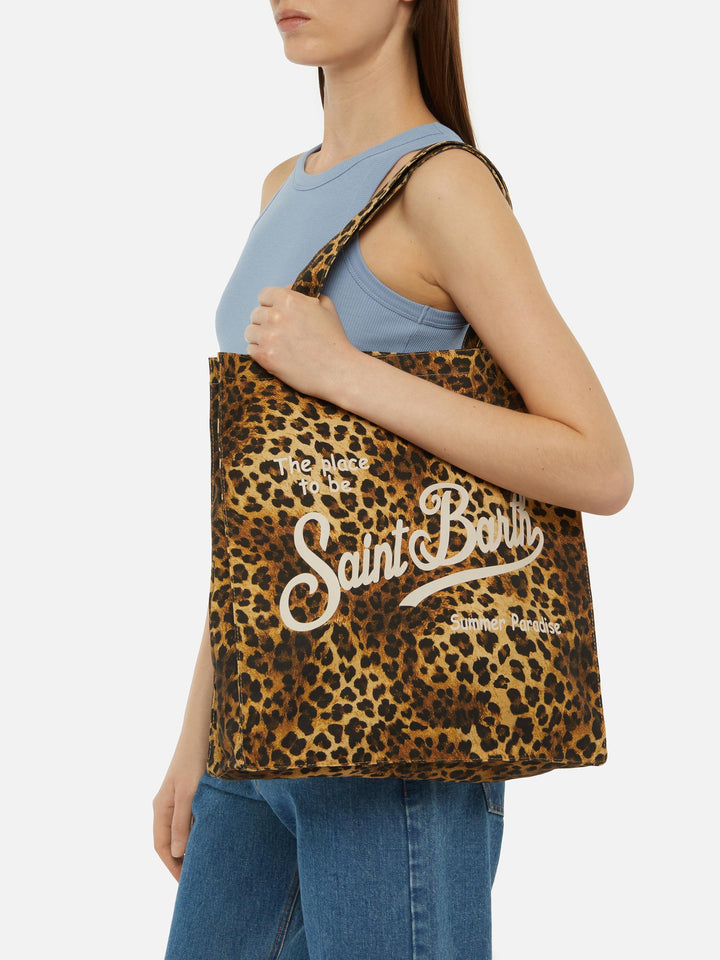 Essentielle, flache Tasche aus Baumwolle im Animalier-Stil mit Saint Barth-Logo