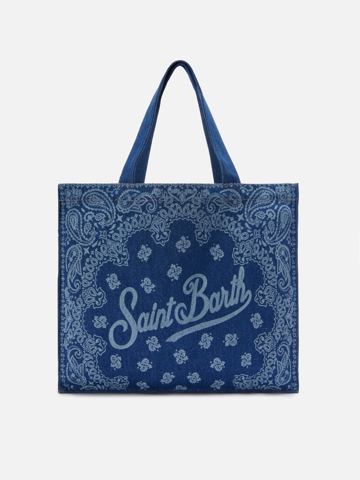 Essential denim tote bag with bandana print and contrasting logo