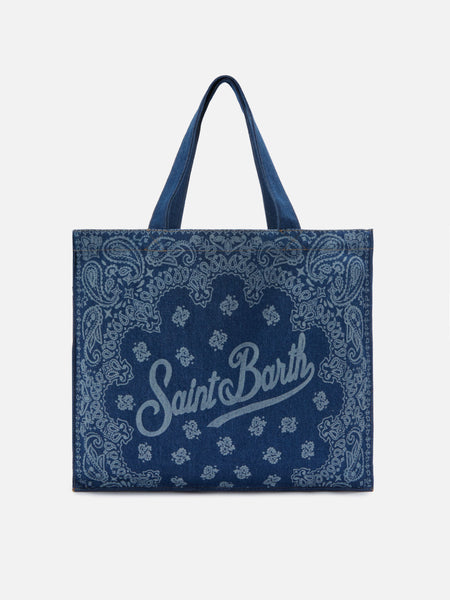 Essential denim tote bag with bandana print and contrasting logo