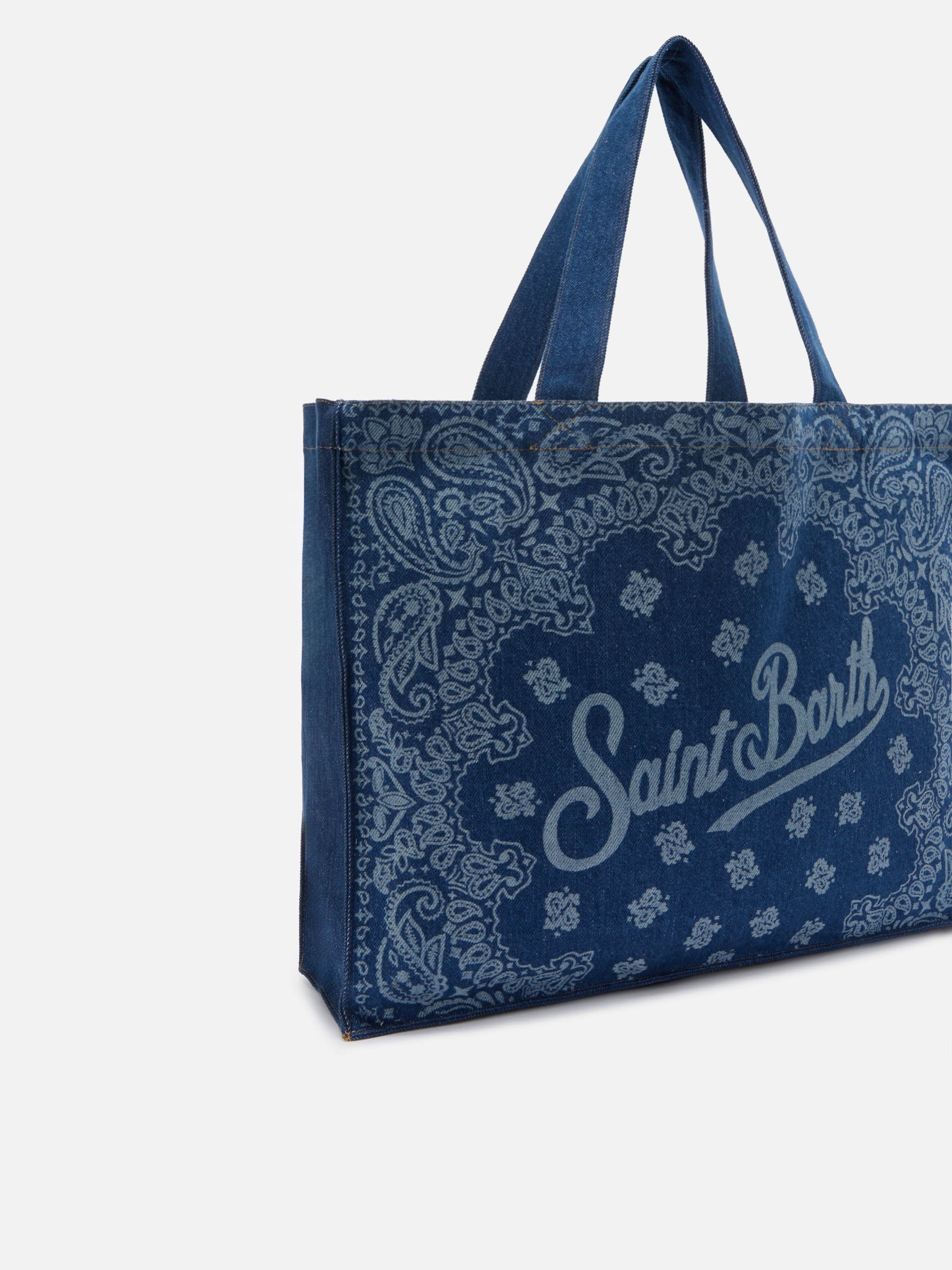 Essential denim tote bag with bandana print and contrasting logo
