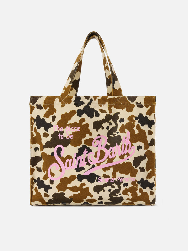 Borsa Essential in canvas con stampa muccata e logo stampato