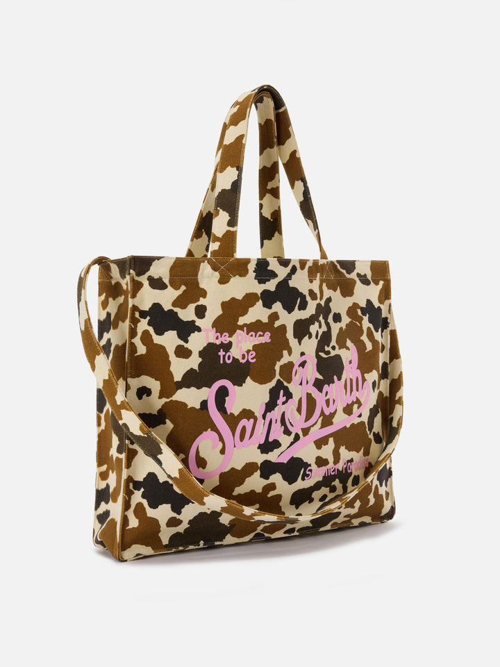 Borsa Essential in canvas con stampa muccata e logo stampato