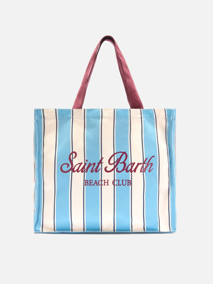 Borsa Essential in canvas a righe azzurre e bianche con logo a contrasto
