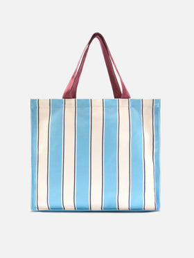 Essential canvas tote bag with light blue and white stripes and contrasting logo