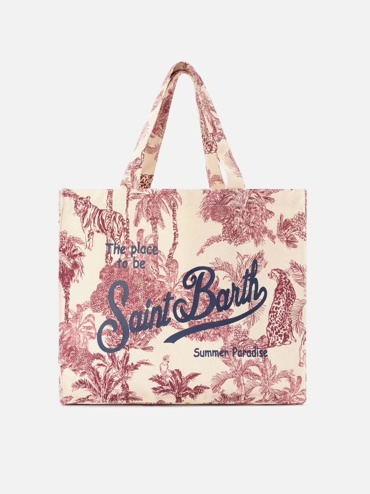 Borsa Essential in canvas con stampa toile de jouy bordeaux e logo stampato