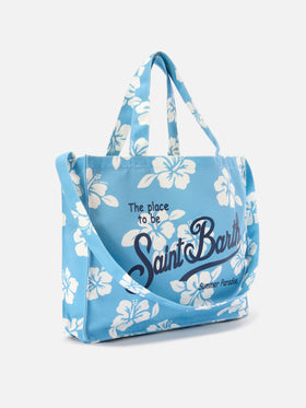 Borsa Essential in canvas con stampa hibiscus azzurra e logo a contrasto