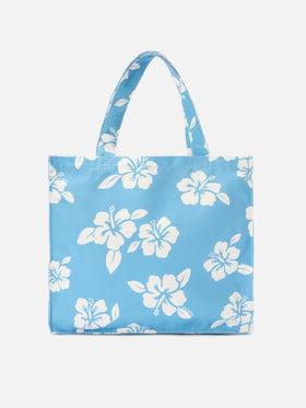 Borsa Essential in canvas con stampa hibiscus azzurra e logo a contrasto