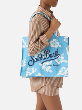 Borsa Essential in canvas con stampa hibiscus azzurra e logo a contrasto