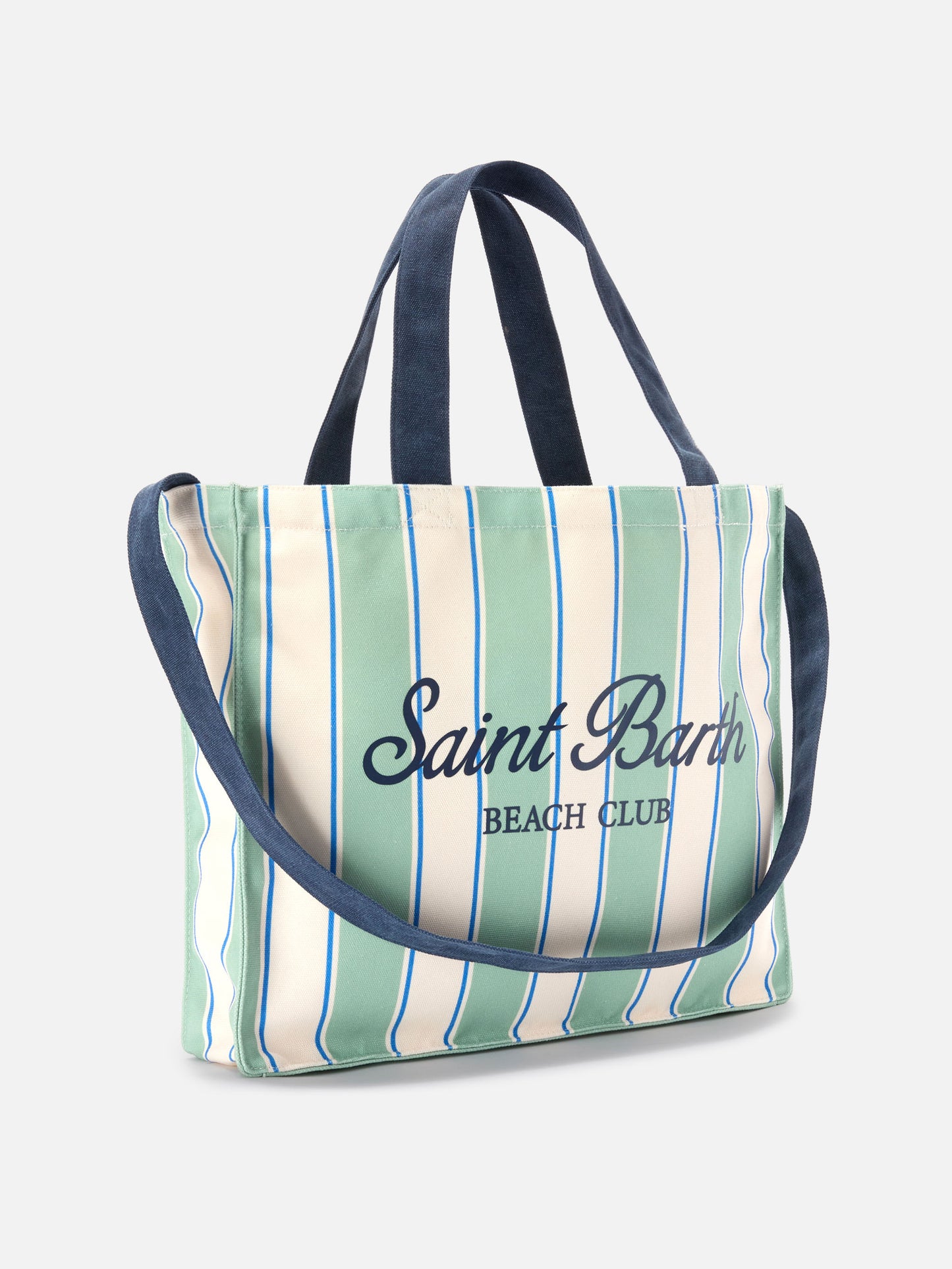 Essential canvas tote bag with green, light blue and white stripes and contrasting logo