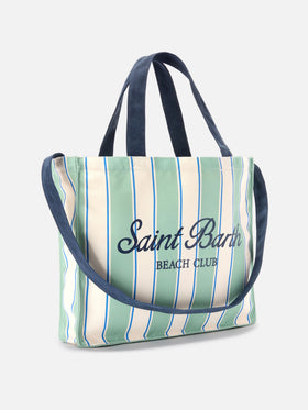 Essential canvas tote bag with green, light blue and white stripes and contrasting logo