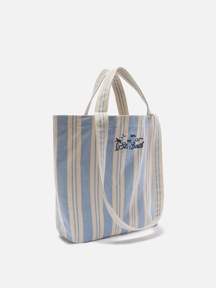 Essential Beach light blue and white striped cotton tote bag