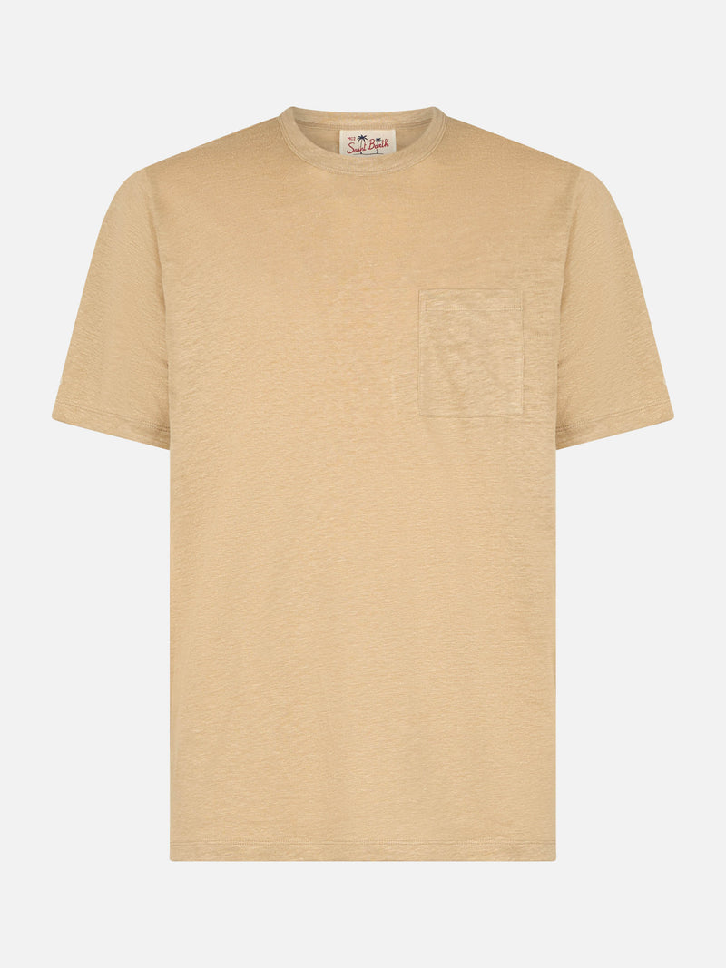 Man beige linen jersey t-shirt Ecstasea with pocket