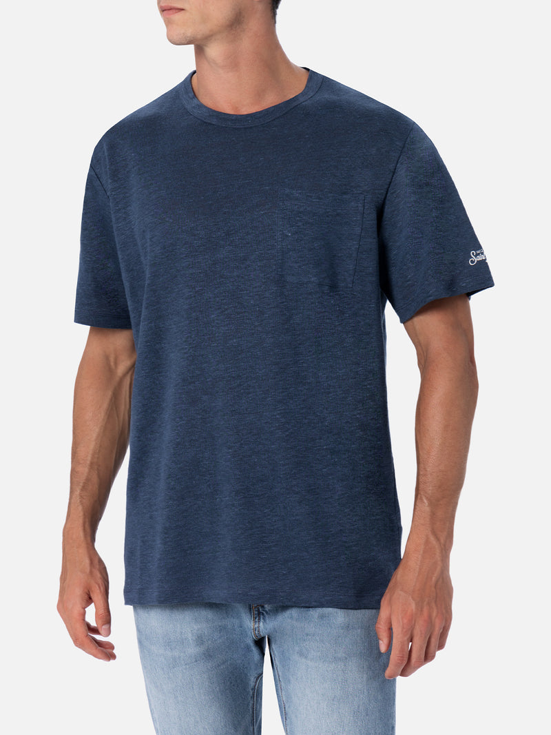 T-shirt da uomo in jersey di lino blu navy Ecstasea con taschino