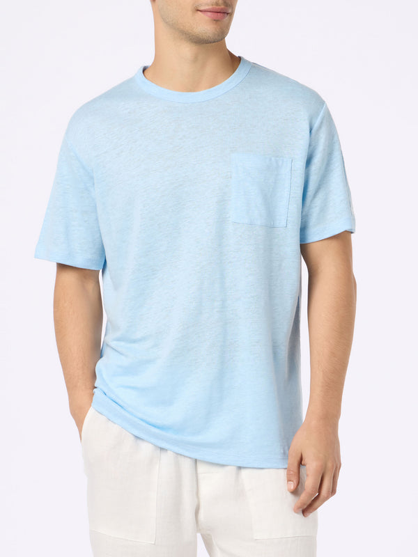 Man light blue linen jersey t-shirt Ecstasea with pocket