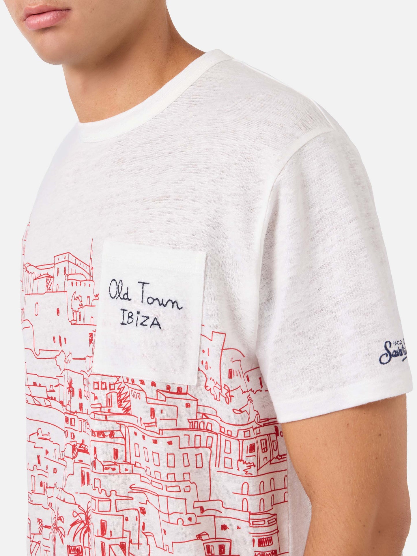 Herren-T-Shirt aus Leinenjersey Ecstasea mit platziertem „Ibiza“-Aufdruck und gestickter Tasche