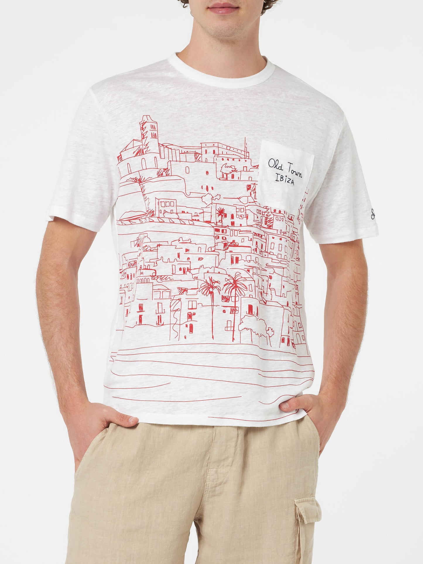 Man linen jersey t-shirt Ecstasea with Ibiza placed print and embroidered pocket