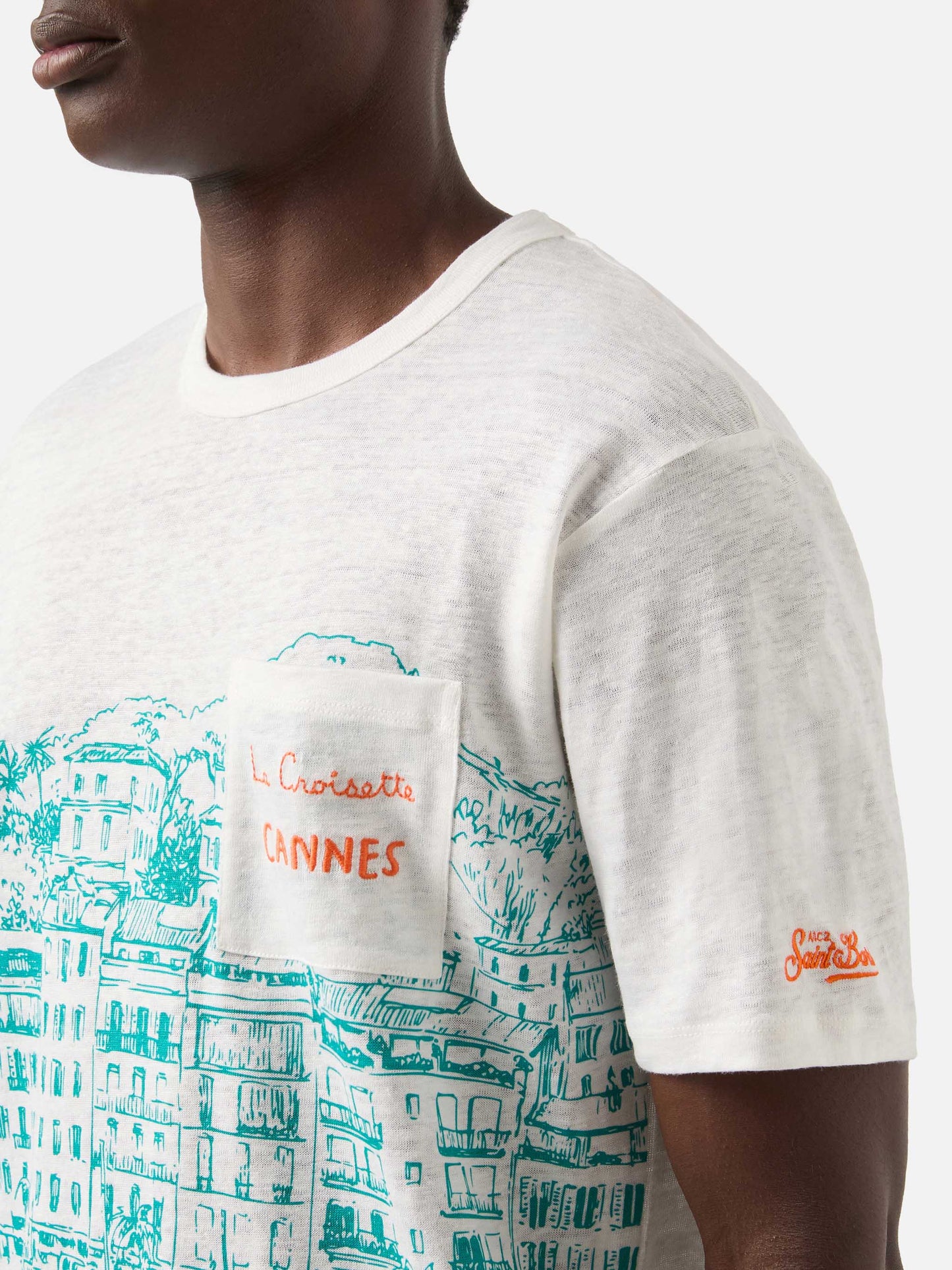 Herren-T-Shirt aus Leinenjersey Ecstasea mit platziertem Cannes-Aufdruck und gestickter Tasche