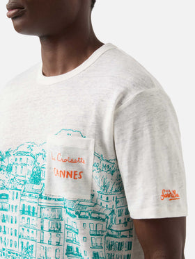 Herren-T-Shirt aus Leinenjersey Ecstasea mit platziertem Cannes-Aufdruck und gestickter Tasche